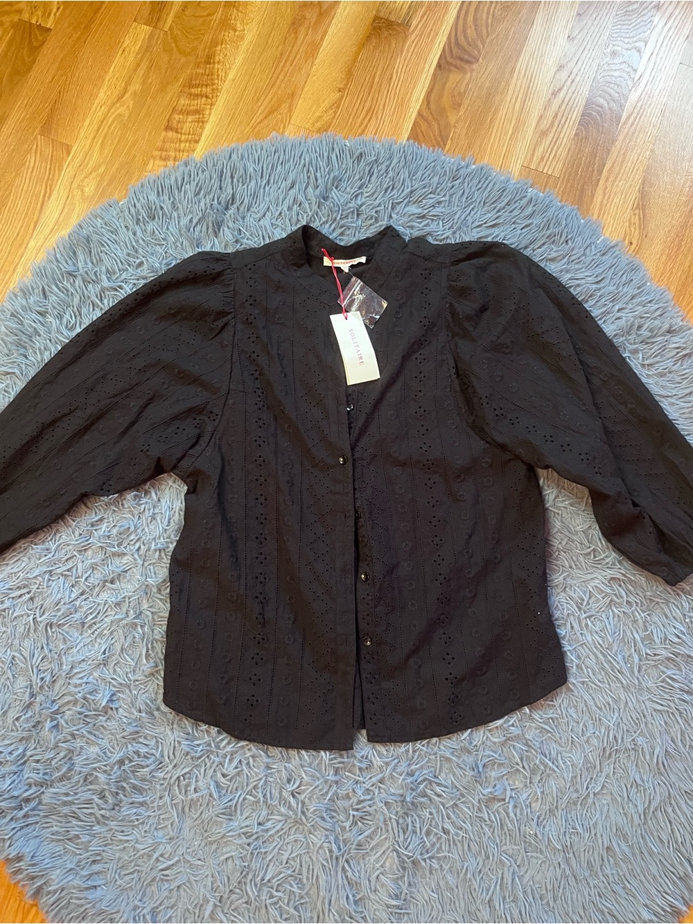 Solitaire Black Eyelet Puff Sleeve Button-Front Cotton Blouse Size XL NWT